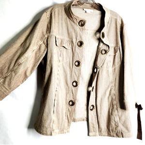 Dress Barn Brown Cream Striped Jacket Size 14/16 Ribbon Sleeves Cotton Retro Y2K